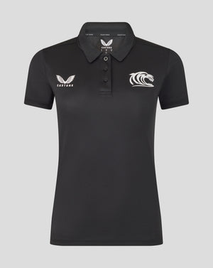 Black Leicester Tigers women's training polo with a white Castore logo on the left chest and tiger crest on the right