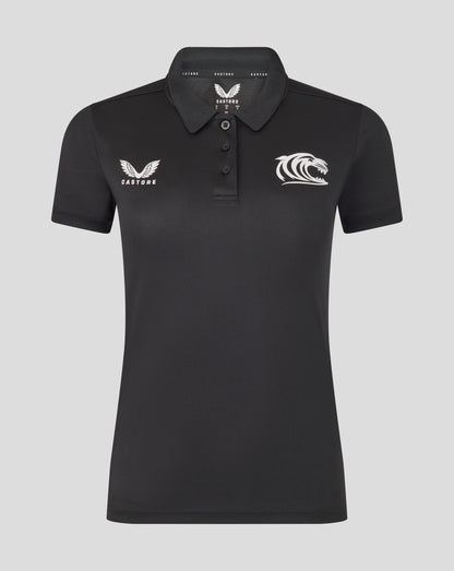 Black Leicester Tigers women's training polo with a white Castore logo on the left chest and tiger crest on the right