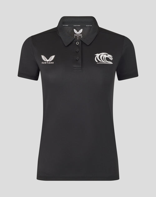 Black Leicester Tigers women's training polo with a white Castore logo on the left chest and tiger crest on the right