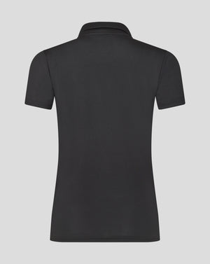Back view of black Leicester Tigers women's training polo showing collar and shoulder seams