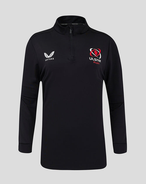 Ulster Rugby quarter zip pullover in black with Castore crest on the left chest and Ulster Rugby emblem on the right.