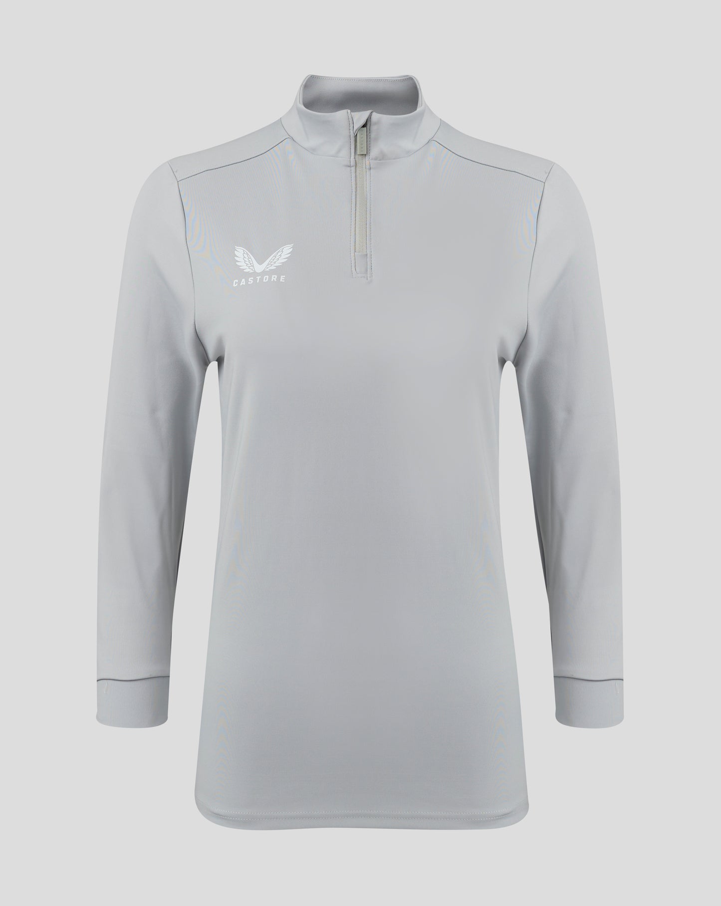 Front view of light gray Castore Womens 1/4 Zip High Rise top with funnel neck and chest logo