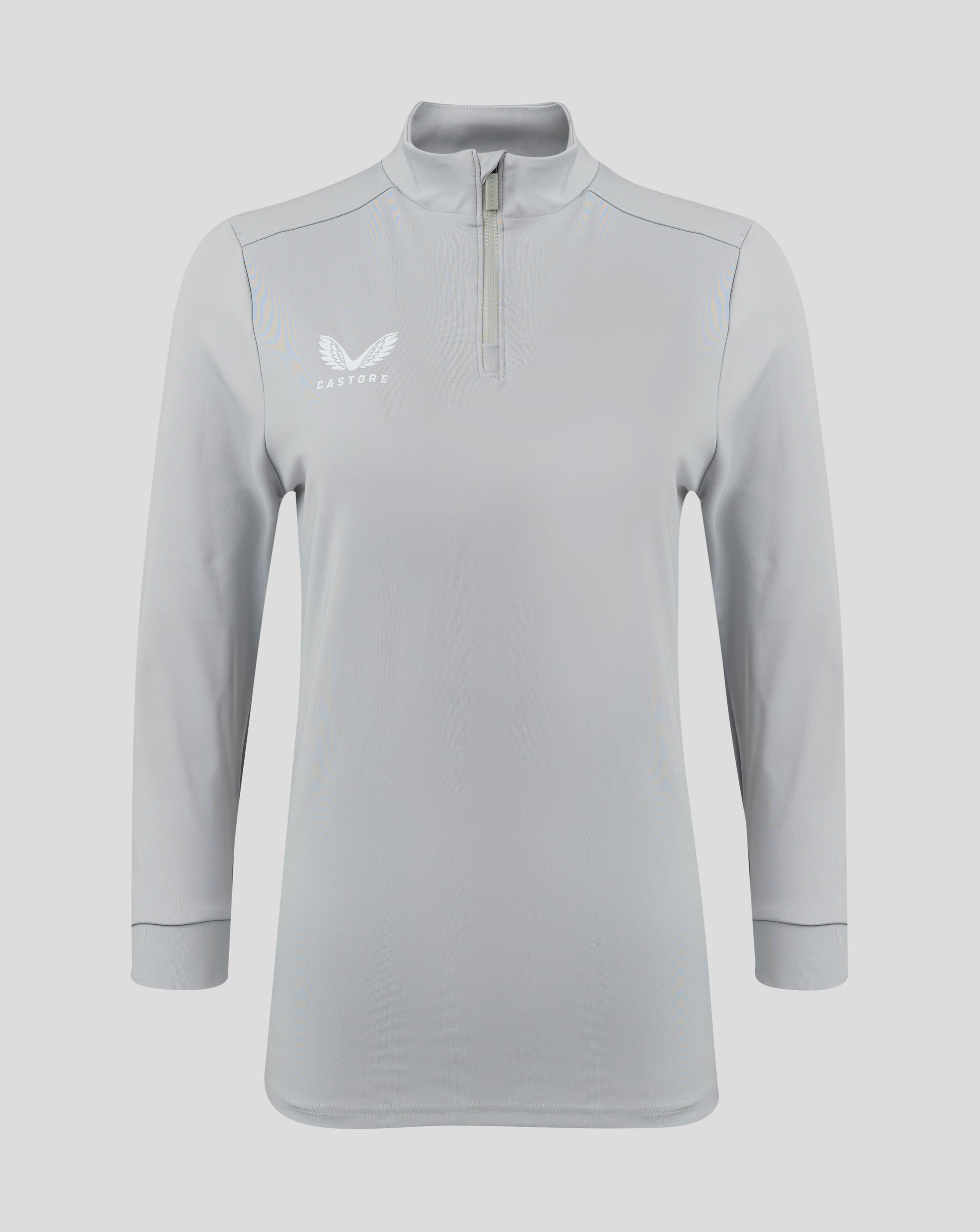 Front view of light gray Castore Womens 1/4 Zip High Rise top with funnel neck and chest logo