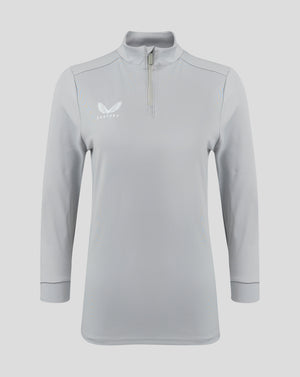 Front view of light gray Castore Womens 1/4 Zip High Rise top with funnel neck and chest logo