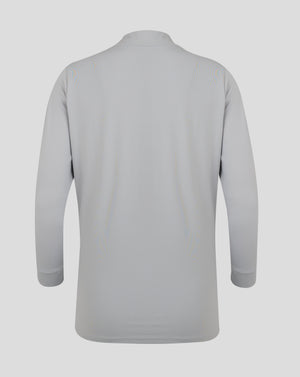 Back view of light gray Castore Womens 1/4 Zip High Rise top with funnel neck and forward shoulder seams