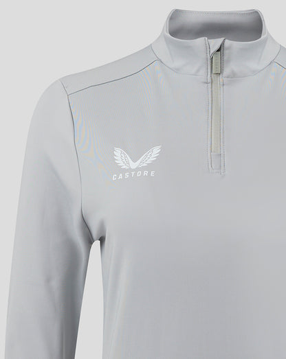 Light gray women's 1/4 zip top with funnel neck and Castore logo on the chest