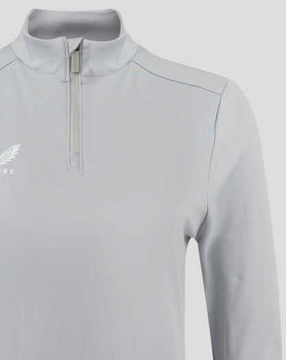 Close up of collar and front zip on light gray Castore top showing zipper pull and placket