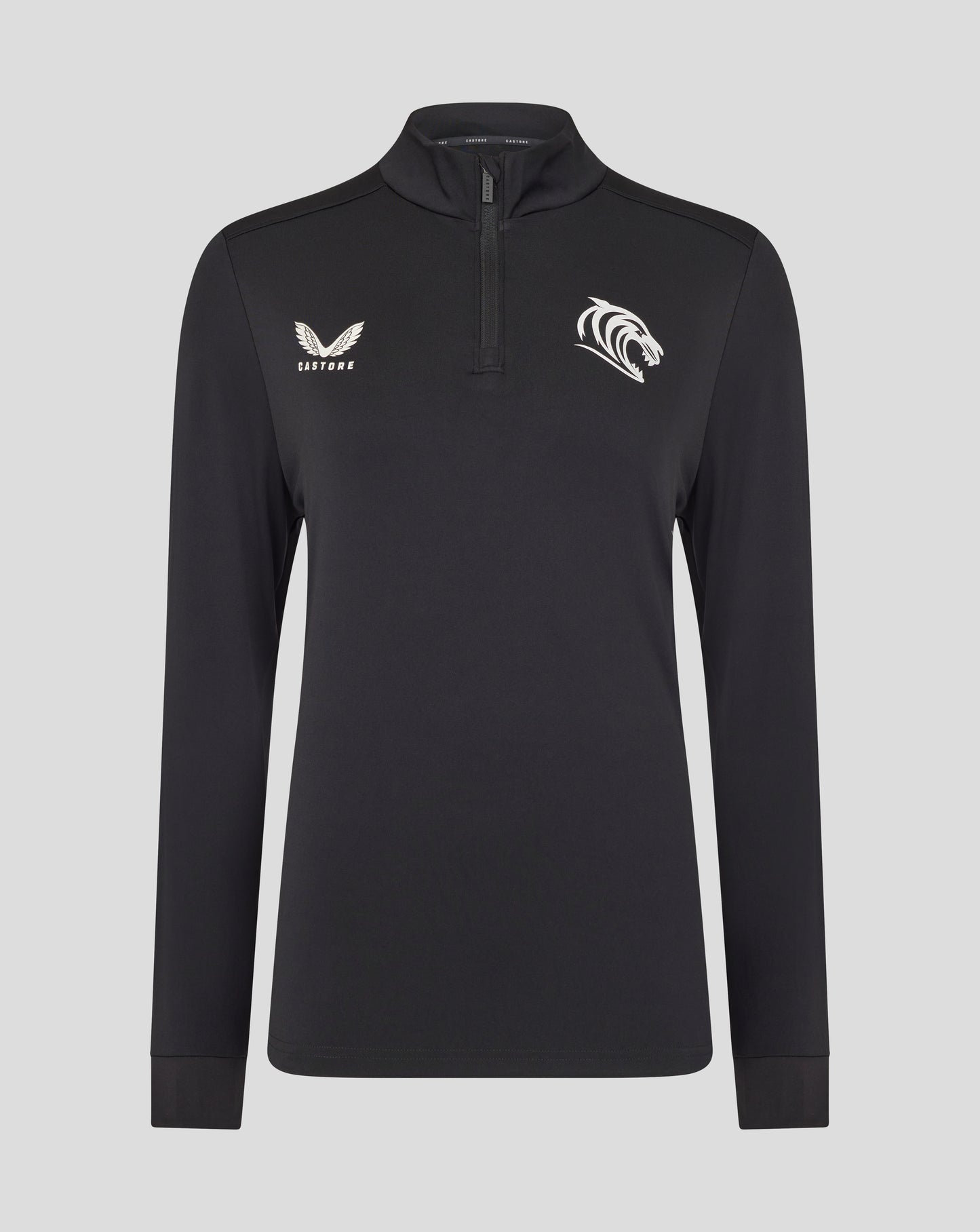 Black Caviar Leicester Tigers women's training midlayer front view with left wing logo and right tiger head emblem