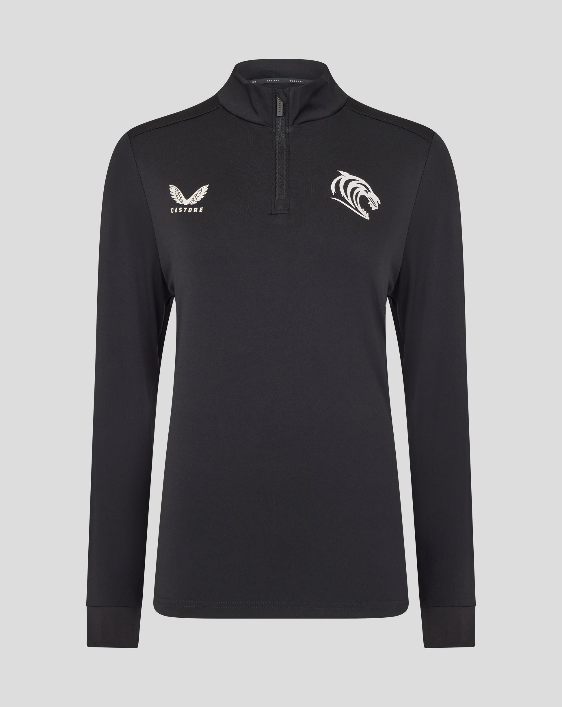 Black Caviar Leicester Tigers women's training midlayer front view with left wing logo and right tiger head emblem