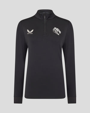 Black Caviar Leicester Tigers women's training midlayer front view with left wing logo and right tiger head emblem