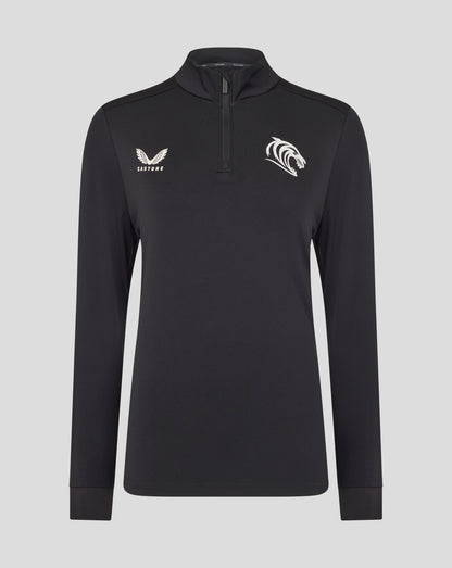 Black Caviar Leicester Tigers women's training midlayer front view with left wing logo and right tiger head emblem