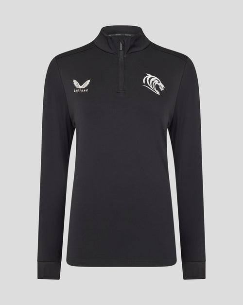Black Caviar Leicester Tigers women's training midlayer front view with left wing logo and right tiger head emblem