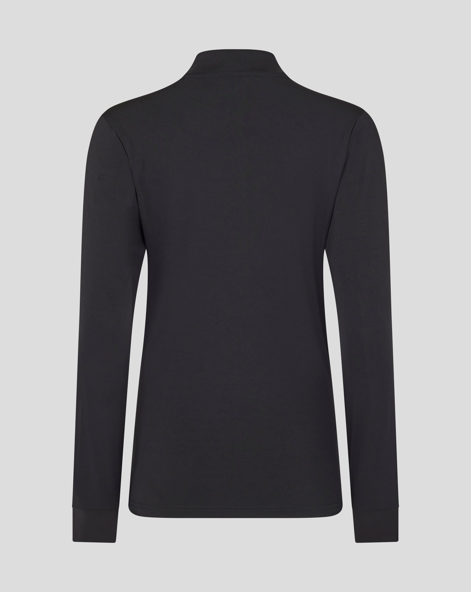 Back view of Leicester Tigers women's training midlayer in black with a high collar