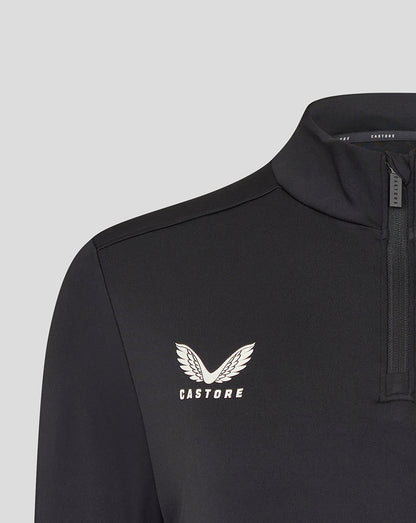 Close up of the front left chest with white Castore logo on black training midlayer and partial zip