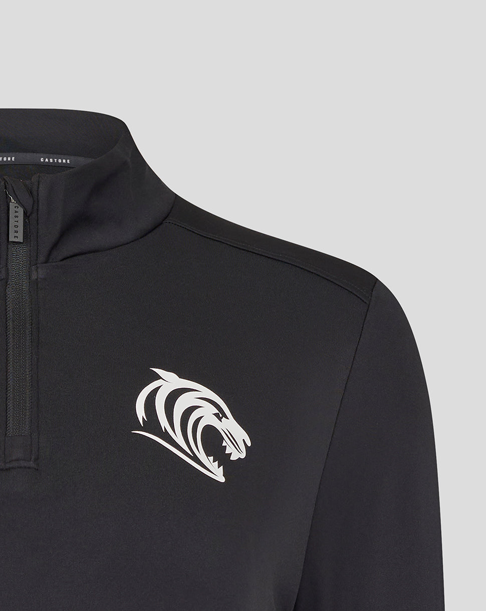 Front view of black Leicester Tigers training midlayer showing the white Castore logo on the chest and a zip collar
