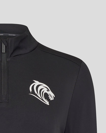Front view of black Leicester Tigers training midlayer showing the white Castore logo on the chest and a zip collar
