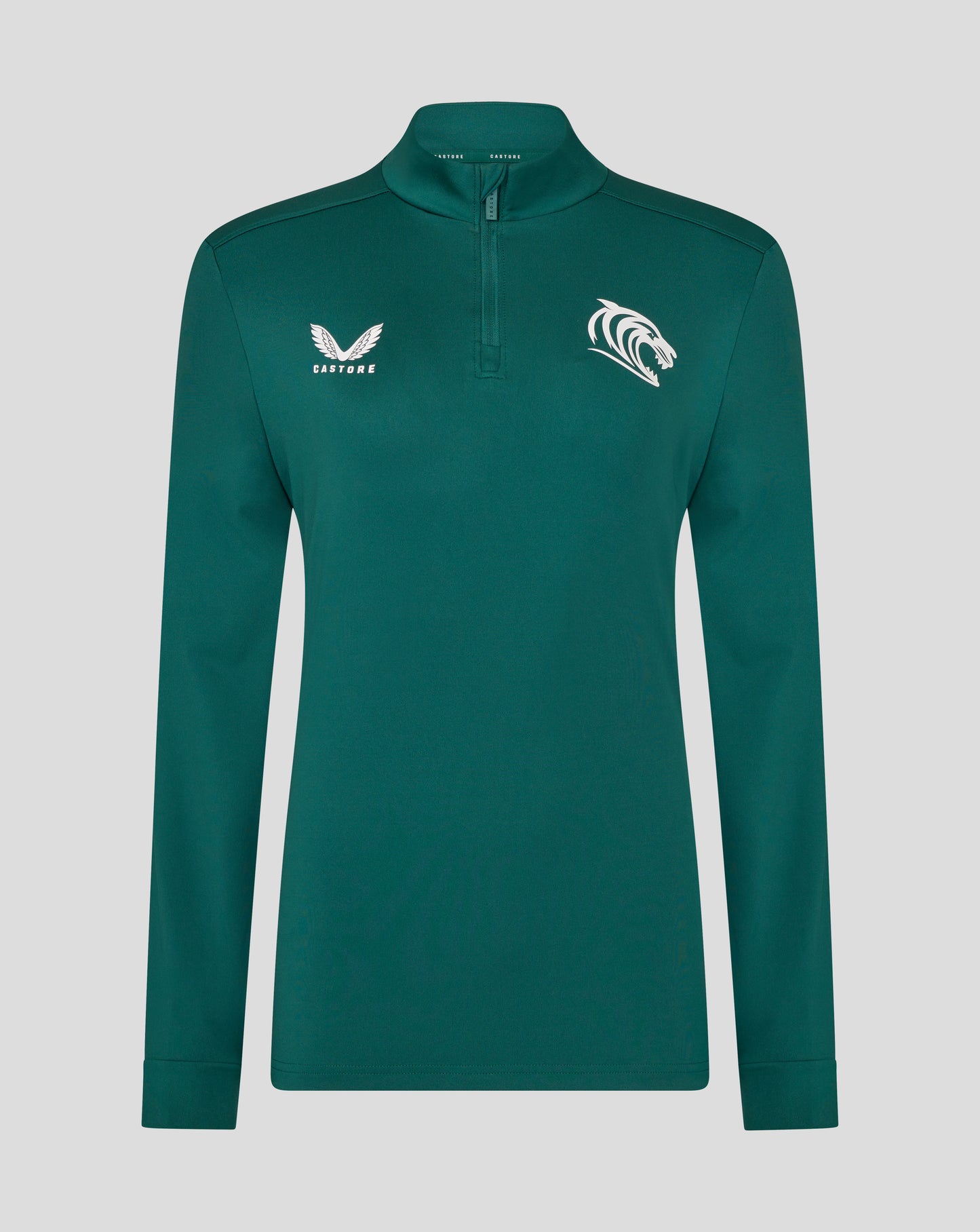Front view of green botanical Leicester Tigers women's training midlayer with white Castore logo on the left chest and a tiger emblem on the right chest.