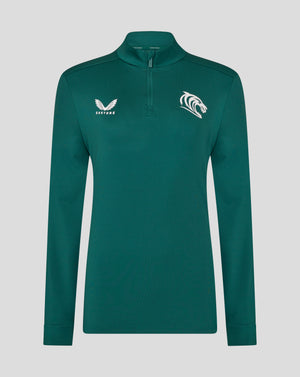 Front view of green botanical Leicester Tigers women's training midlayer with white Castore logo on the left chest and a tiger emblem on the right chest.