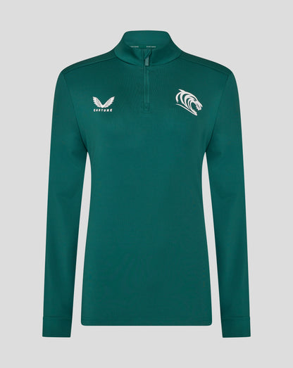 Front view of green botanical Leicester Tigers women's training midlayer with white Castore logo on the left chest and a tiger emblem on the right chest.