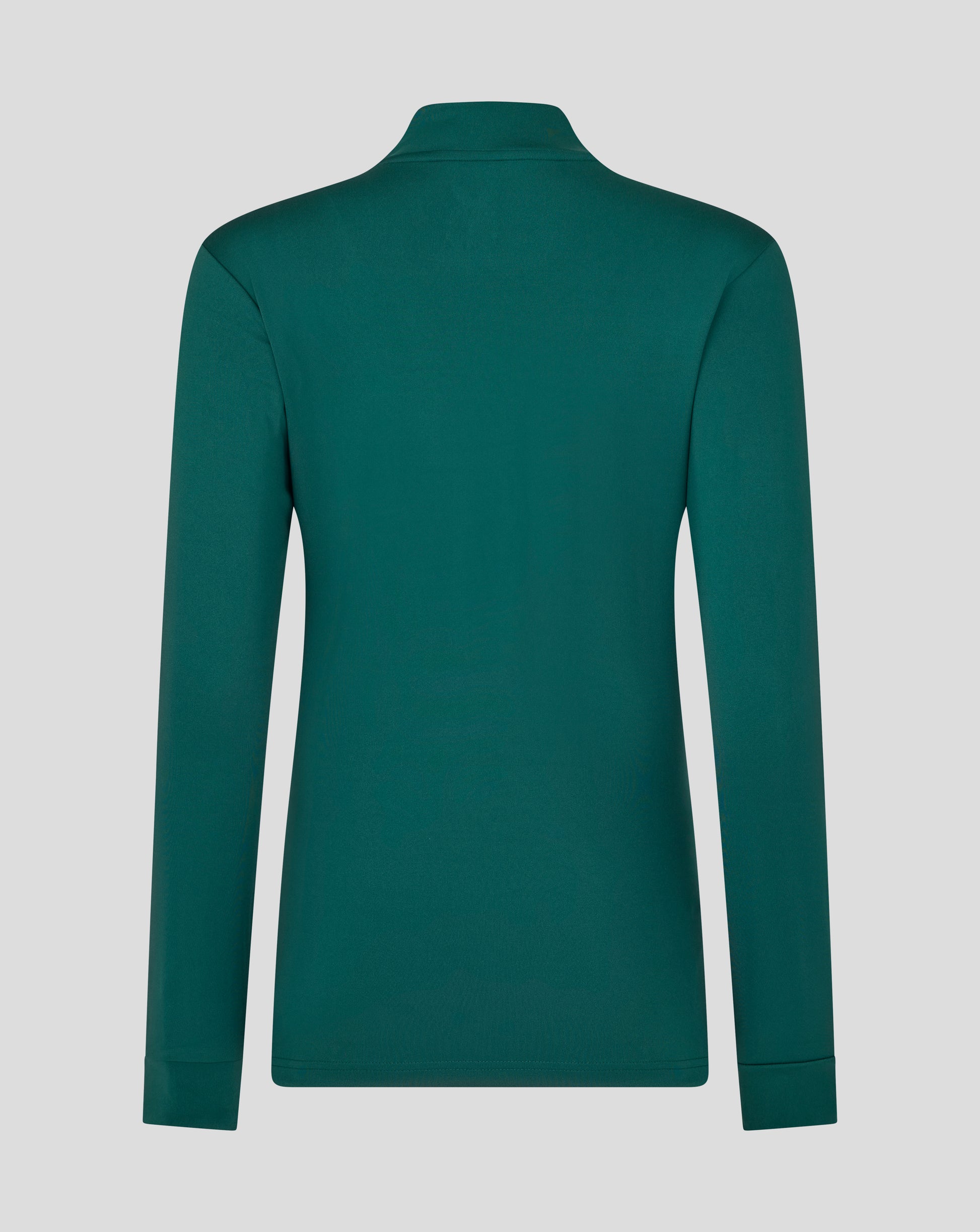 Back view of green botanical Leicester Tigers women's training midlayer with stand collar.