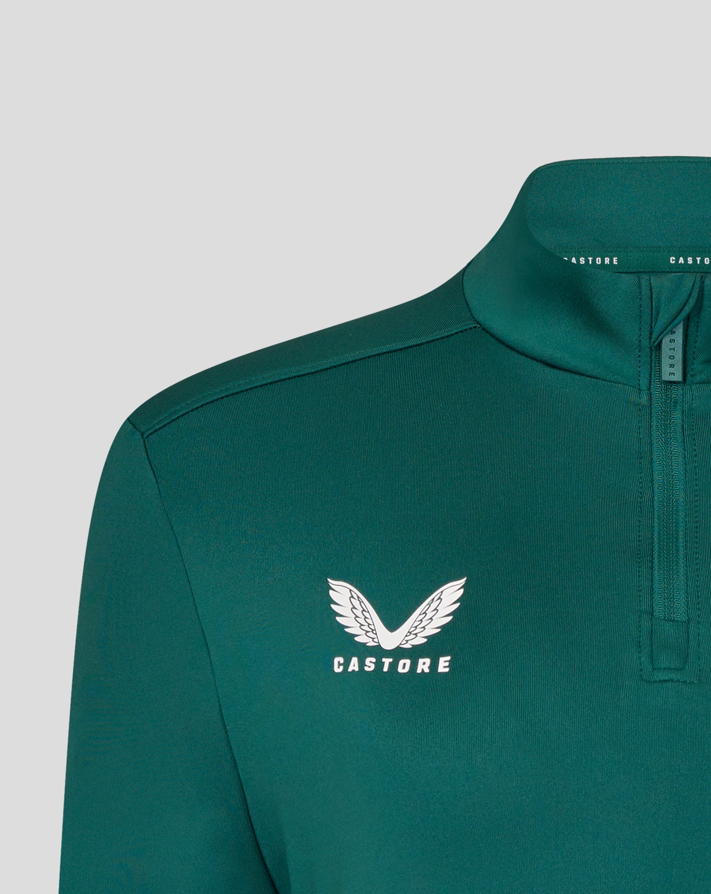 Teal Leicester Tigers women's training midlayer front view with left chest logo and CASTORE branding on collar