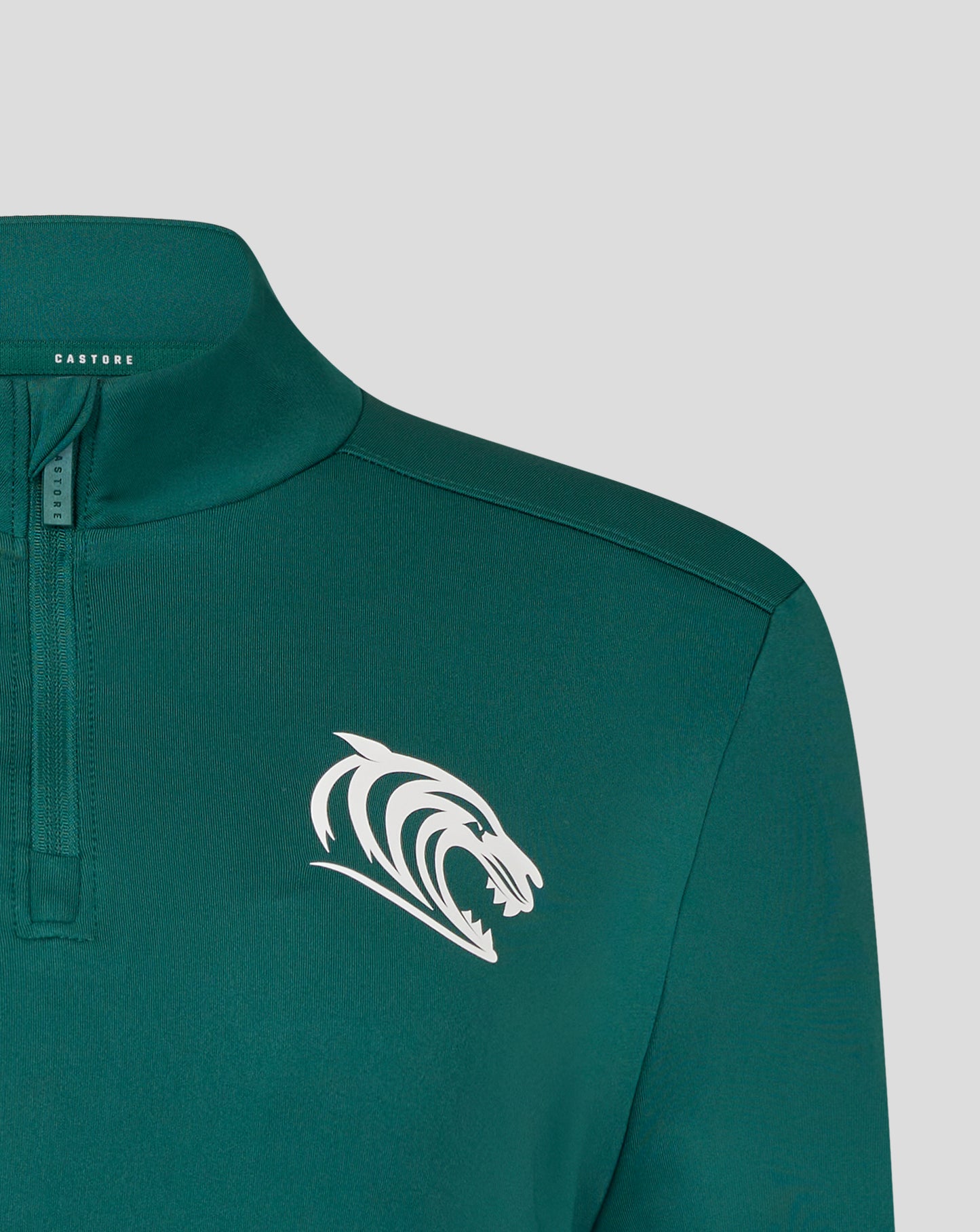 Teal Botanical Leicester Tigers women's training midlayer collar close up with white chest emblem