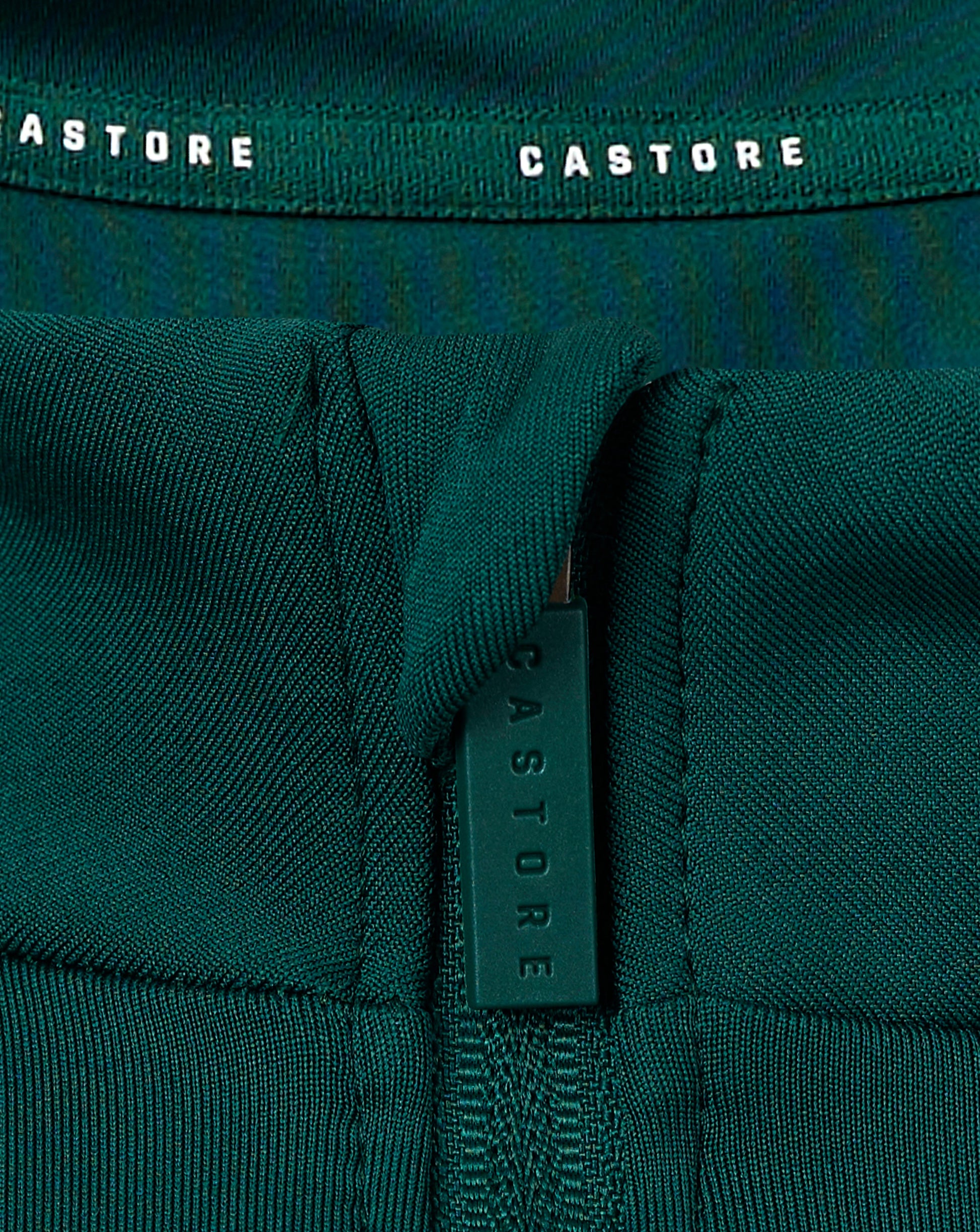 Back of teal Botanical Garden women's 1/4 zip top focusing on collar seam