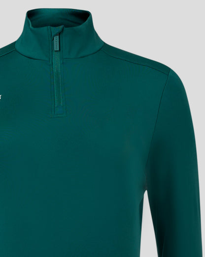 Teal womens 1/4 zip top with funnel neck and chin guard at zipper showing front seams and Castore logo