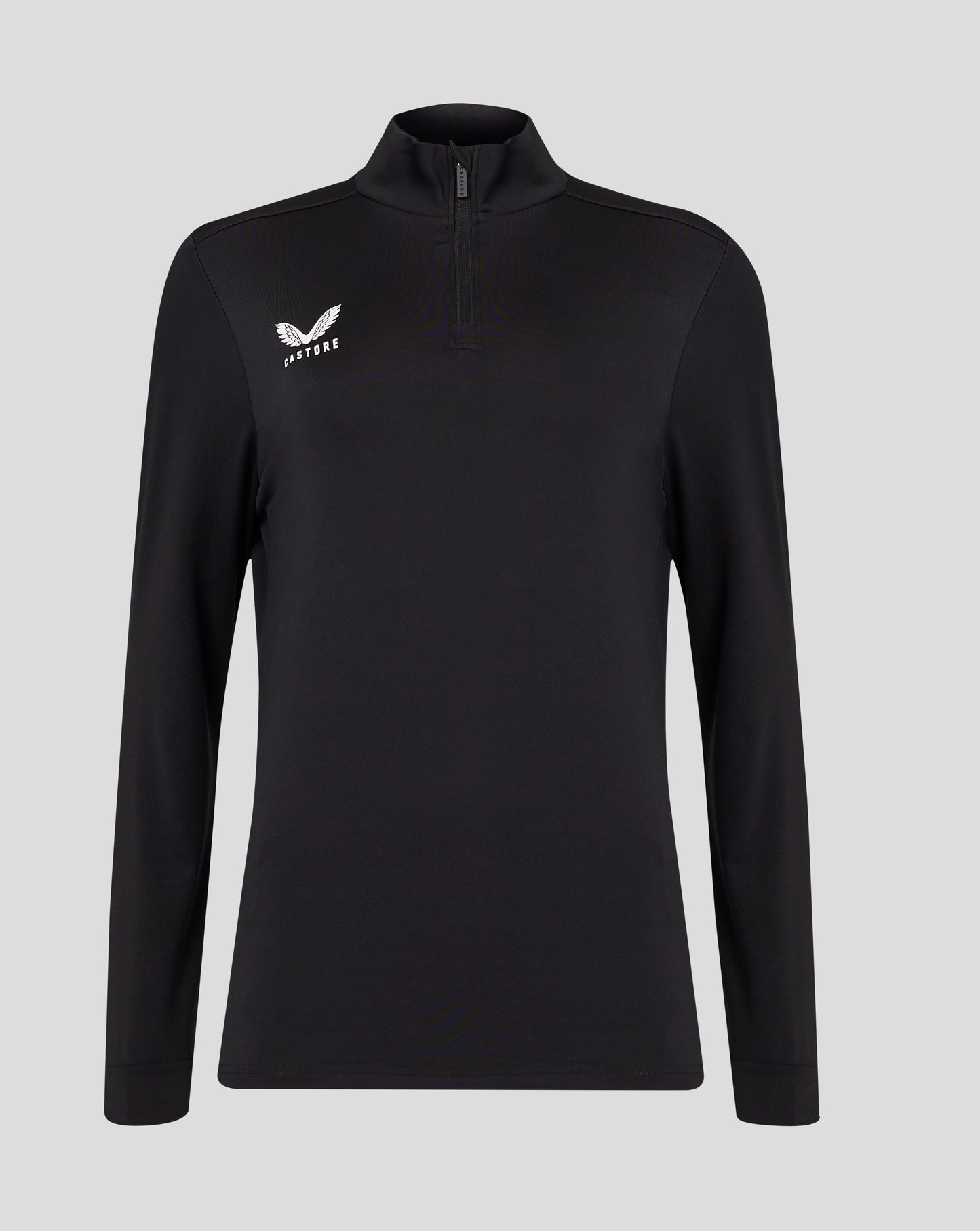 Front view of black womens 1/4 Zip with funnel neck and white Castore logo on the chest