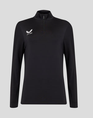 Front view of black womens 1/4 Zip with funnel neck and white Castore logo on the chest