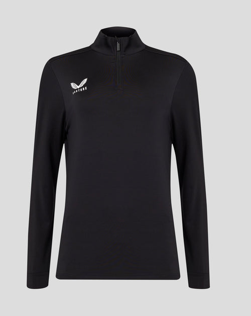Front view of black womens 1/4 Zip with funnel neck and white Castore logo on the chest
