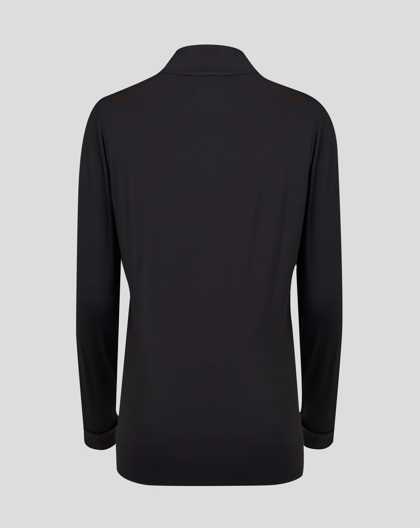 Back view of black womens 1/4 Zip with high collar