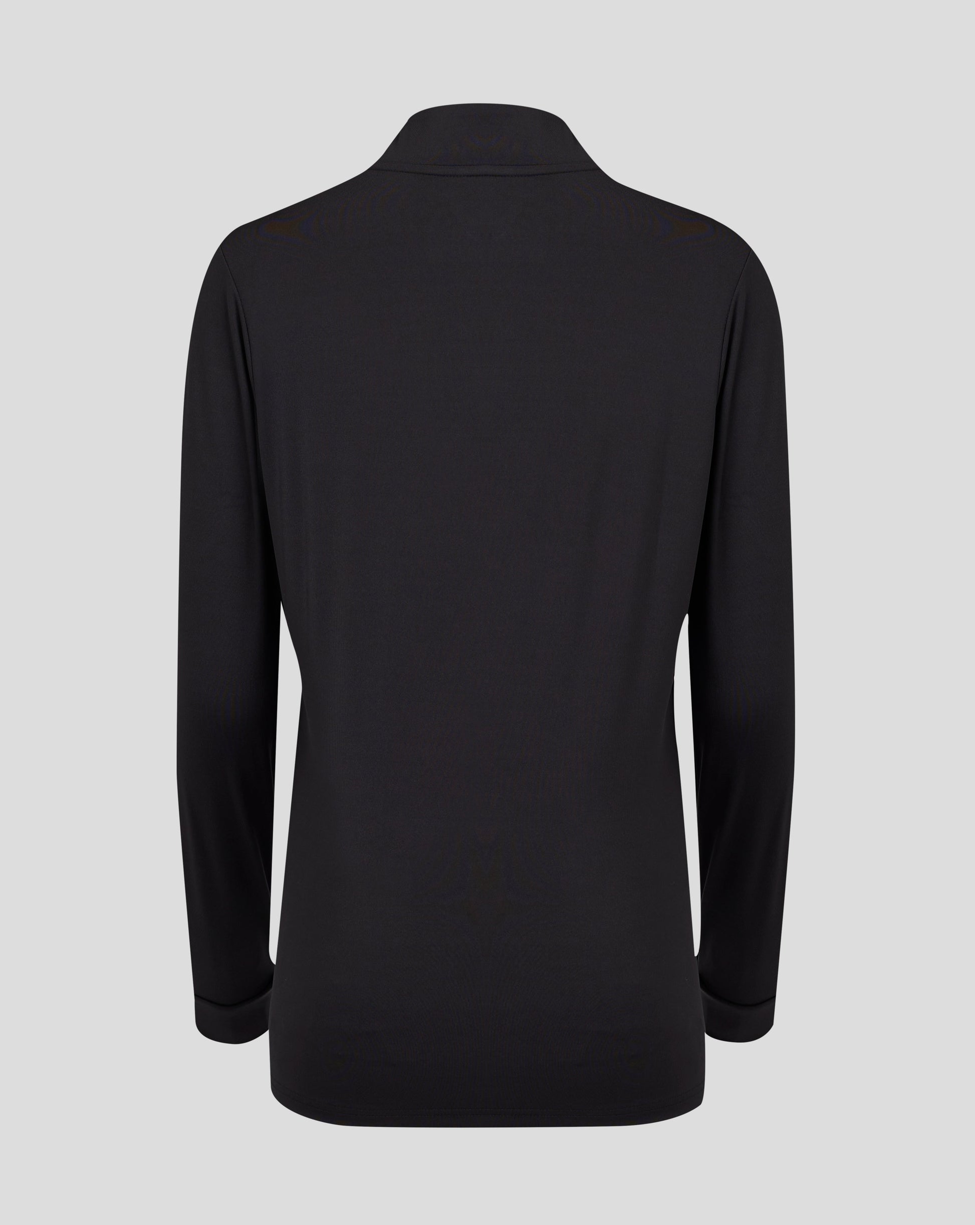 Back view of black womens 1/4 Zip with high collar