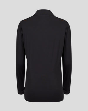 Back view of black womens 1/4 Zip with high collar