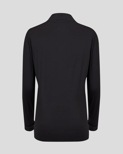 Back view of black womens 1/4 Zip with high collar