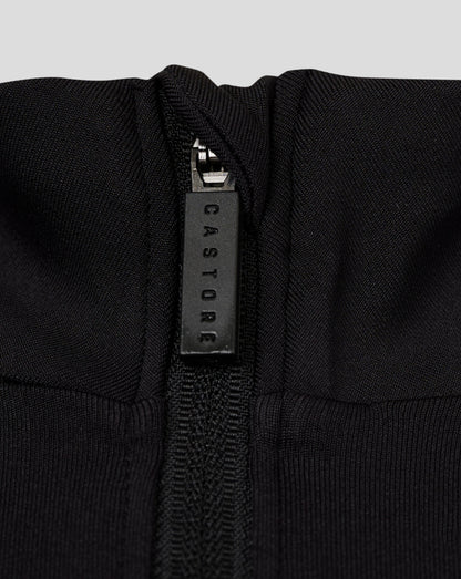 Back view of black long sleeve 1/4 Zip highlighting forward shoulder seam