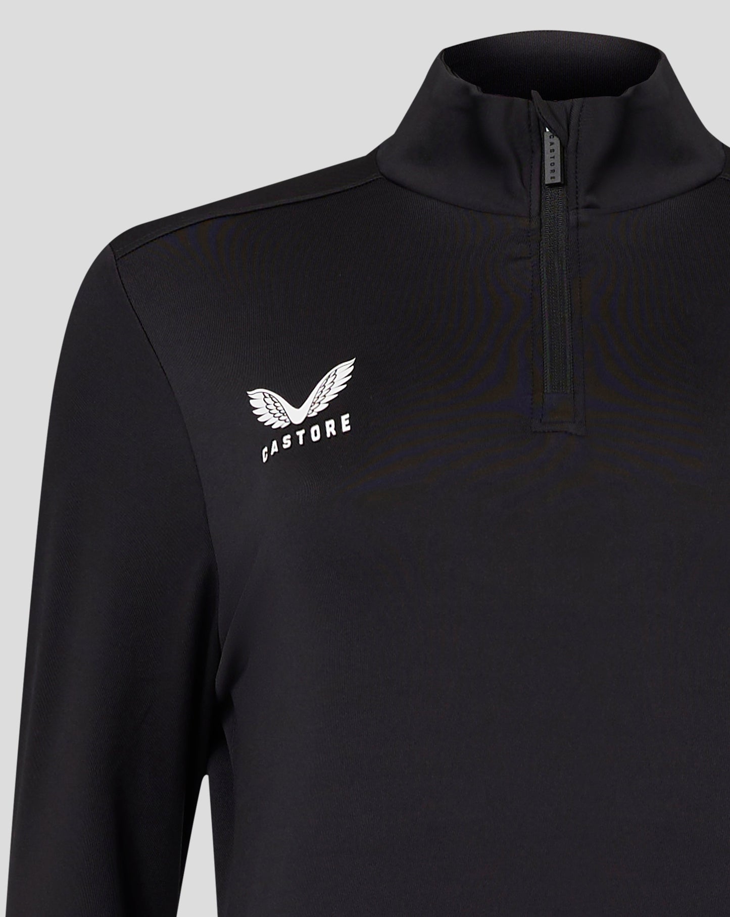 Womens black Caviar 1/4 zip jacket with funnel neck and Castore logo on the chest