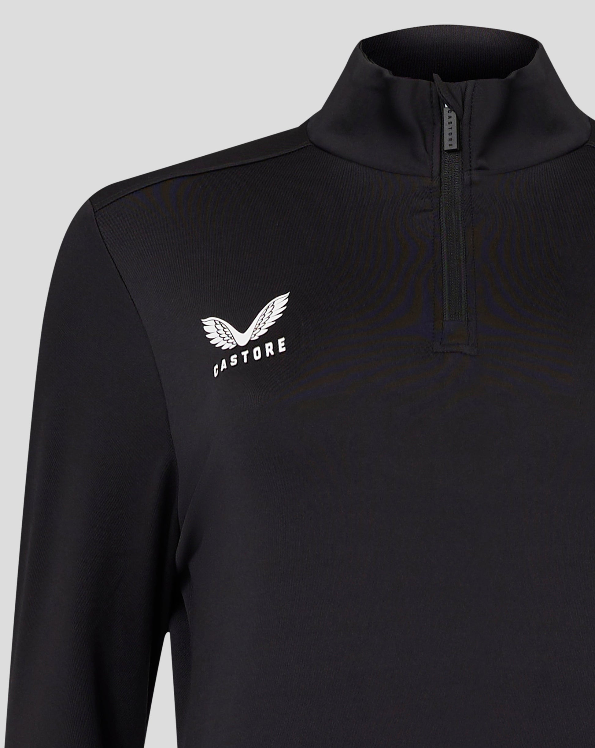 Womens black Caviar 1/4 zip jacket with funnel neck and Castore logo on the chest