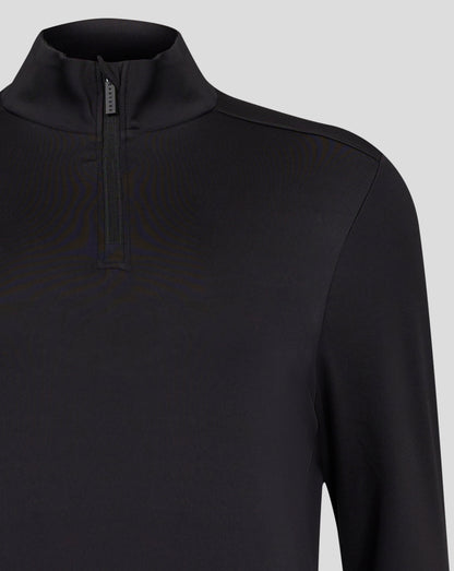 Close up of black Caviar Womens 1/4 zip showing chin guard at the zip and Castore zipper pull
