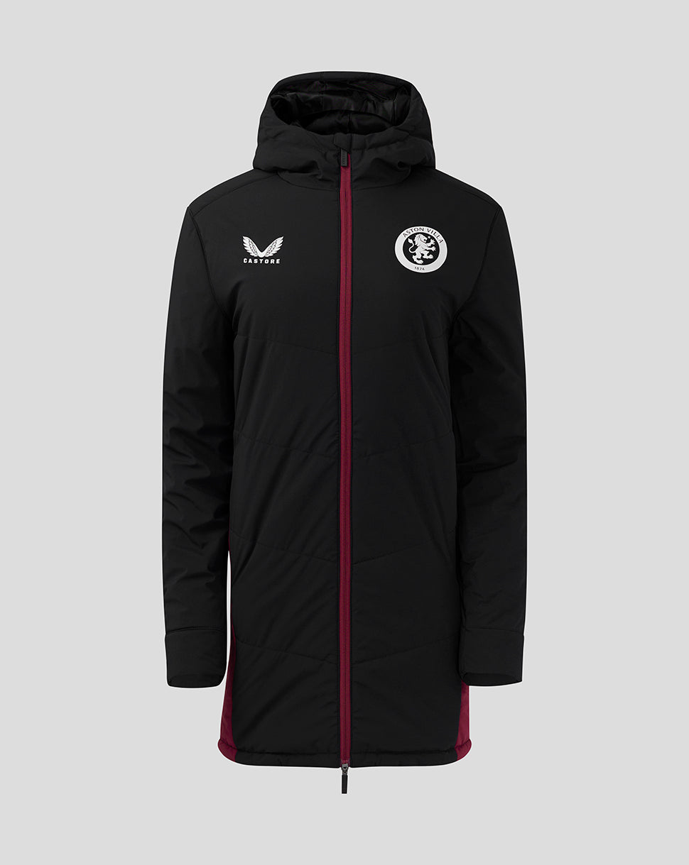Front view of black long staff jacket with hood, burgundy zipper, Aston Villa crest on left and Castore logo.