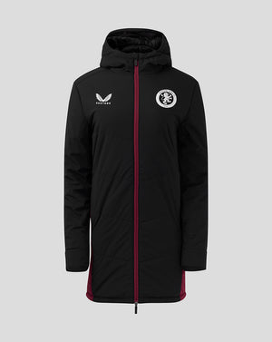 Front view of black long staff jacket with hood, burgundy zipper, Aston Villa crest on left and Castore logo.