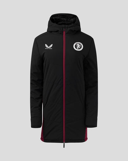 Front view of black long staff jacket with hood, burgundy zipper, Aston Villa crest on left and Castore logo.