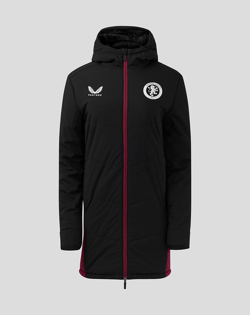 Front view of black long staff jacket with hood, burgundy zipper, Aston Villa crest on left and Castore logo.