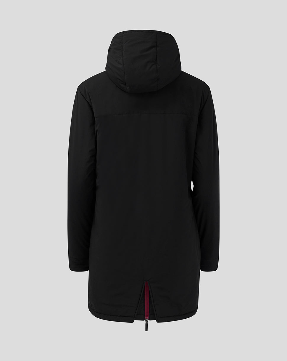 Back view of black long staff jacket with hood and burgundy zipper trim.