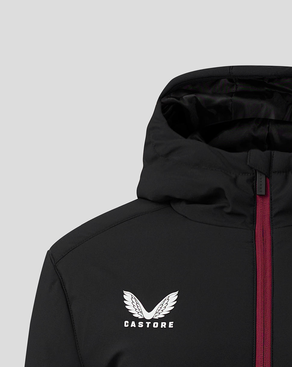 Black hooded jacket with magenta zipper and Castore logo on the chest