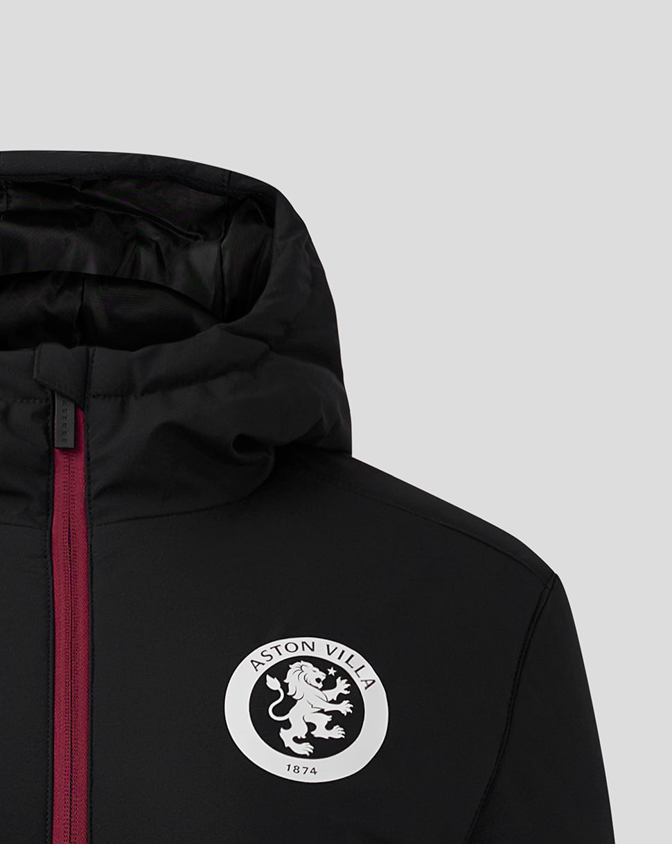 Black jacket with Aston Villa crest on the chest and a pink zipper