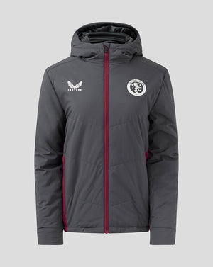 Front view of womens Aston Villa Coaches Bench Jacket in ebony with burgundy zip and club crest on the left chest.