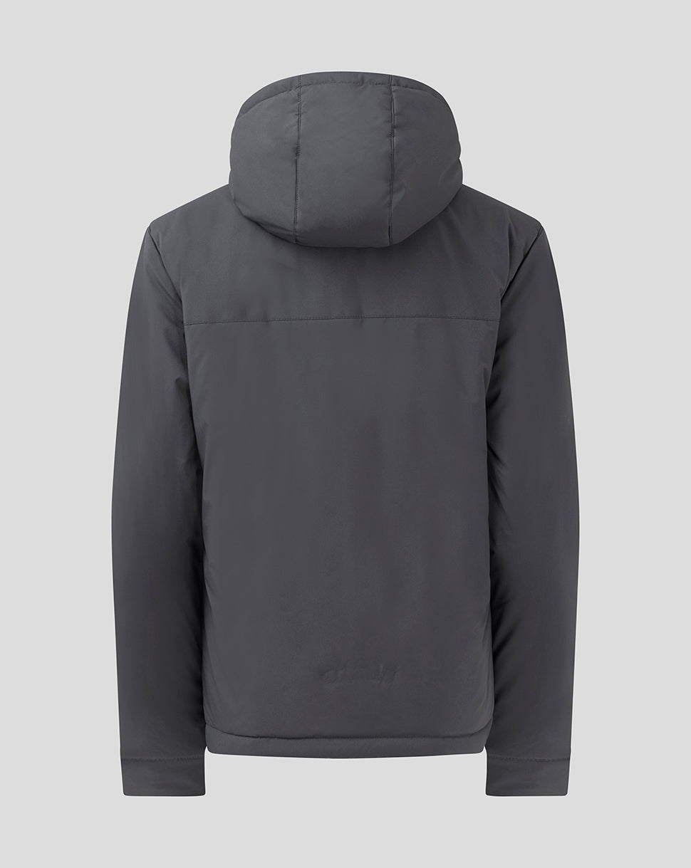 Back view of womens Aston Villa Coaches Bench Jacket in ebony grey with attached hood.