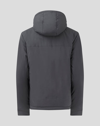Back view of womens Aston Villa Coaches Bench Jacket in ebony grey with attached hood.