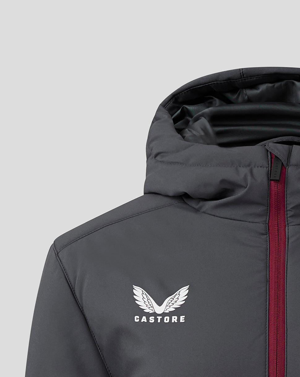 Close up of Ebony Rhododendron Womens Aston Villa Coaches Bench Jacket showing hood and burgundy zipper with Castore logo on chest.